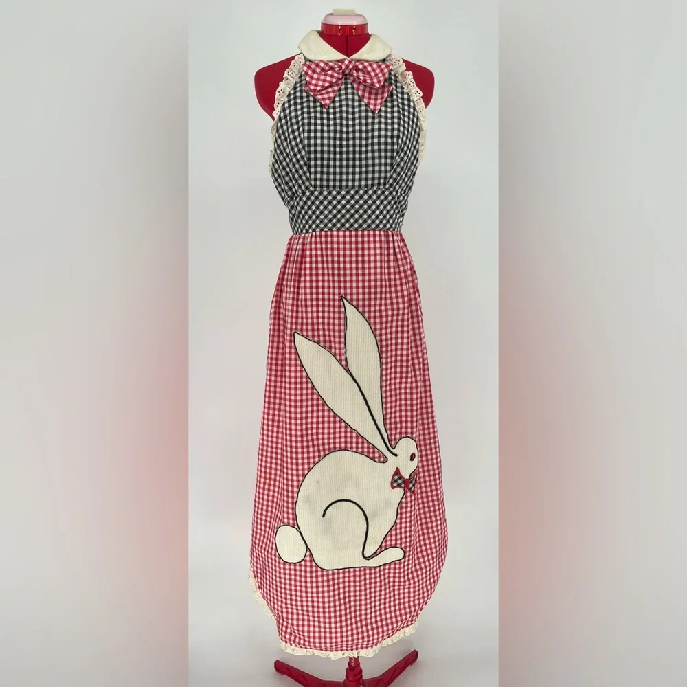 60s/70s Cottagecore Novelty Rabbit Appliqué Gingham Color-blocked Maxi Dress - Picture 4 of 14